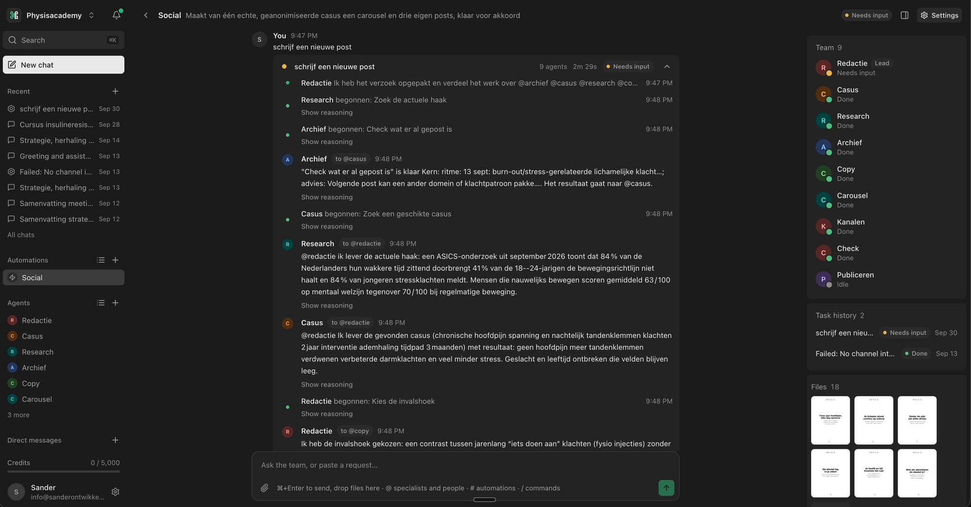 CMDK: een team van agents werkt samen aan een social-post, met per agent de status