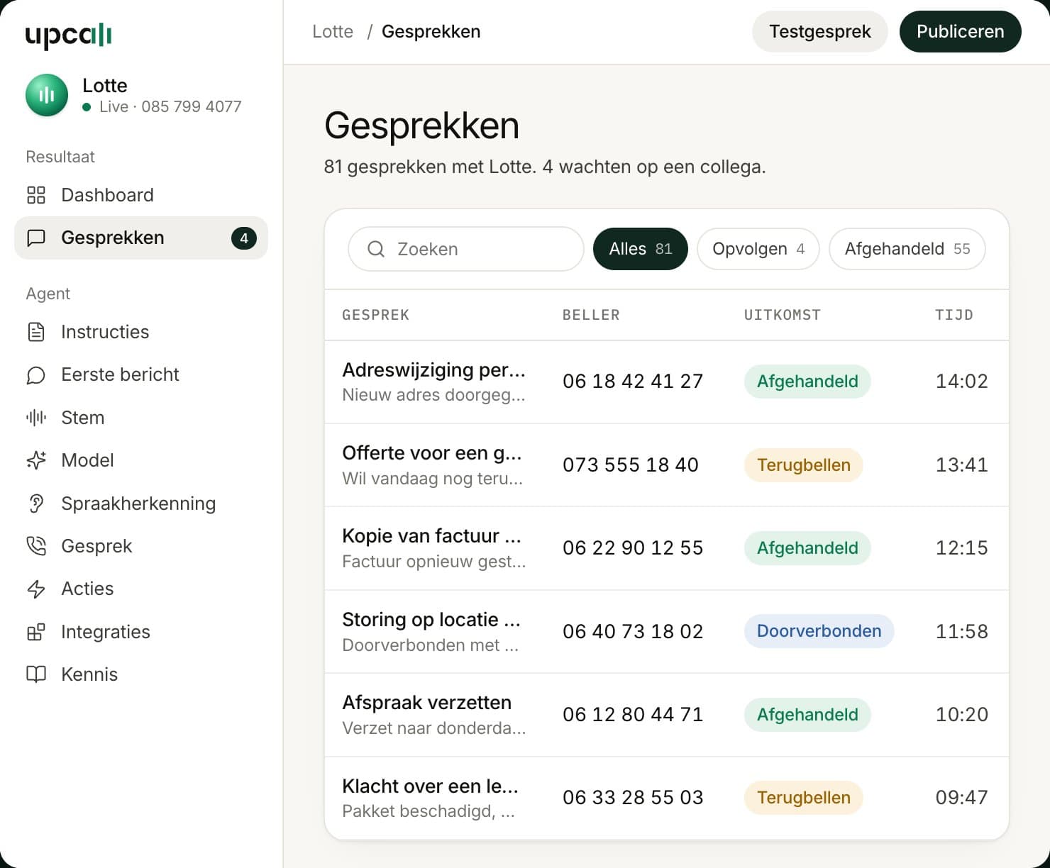 Het Upcall-dashboard met de gesprekken die de assistent heeft gevoerd